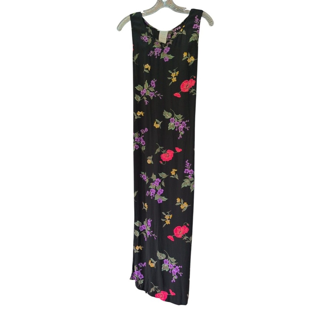 Vintage 90s Nina Piccalino Black Floral Maxi Dress Sleeveless Tie Back Small